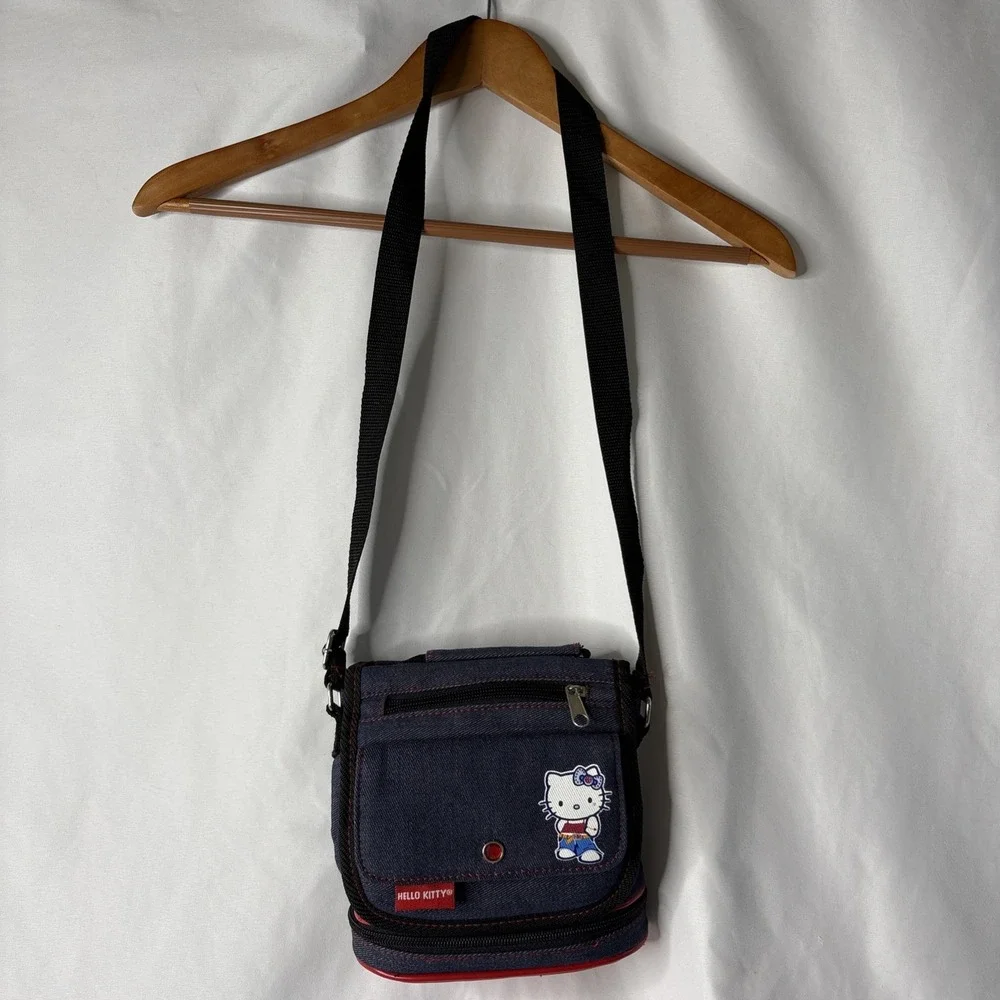 Vtg Y2K 2002 Sanrio Hello‎ Kitty Denim Blue Red Crossbody Bag Purse 7.5x7